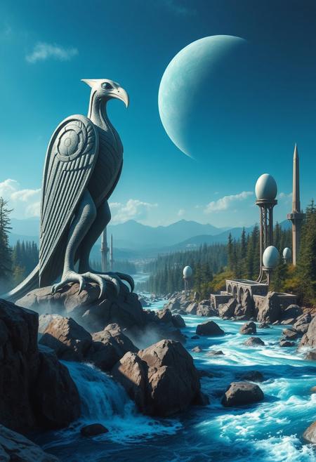 a giant alien, avian statue, its clawed feet astride a fast flowing blue river with spray rising from jagged rocks, guards a valley. In the near distance several structures, tall narrow spires topped with large egg shaped crystal houses. On the horizon a giant ringed planet, its atmosphere a swirl of blues and greens, rises over an alien forest