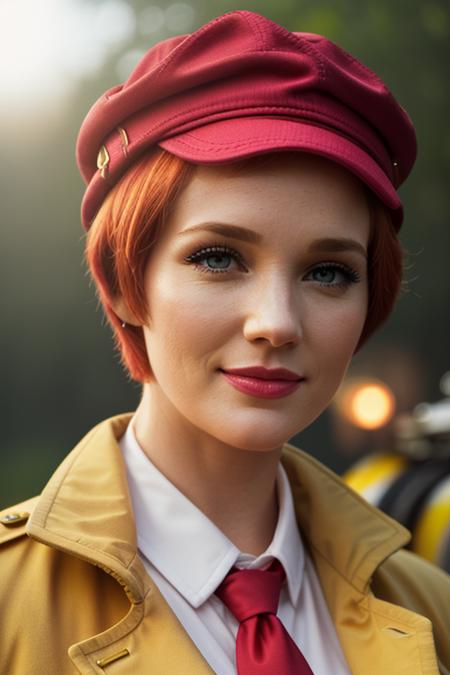 photo of a woman, julieandrews:0.99, ((pale skin)),((red hair, pixie cut, short hair):1.2) ((fire, flames,outdoors, at night):1.1), (smiling), ((closeup, portrait):1.2),((firefighter hat, shirt, coat, necktie):1.2), ((red lipstick, eyeliner, eye shadow, blush)), ((best quality, masterpiece, extreme details, high resolution):1.2),((detailed eyes, beautiful eyes, detailed face, beautiful face):1.2)