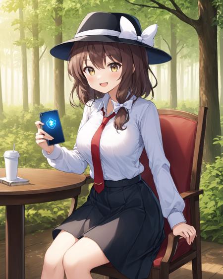 usami renko,1girl, red_necktie, solo, white_shirt, open_mouth, sitting, fedora, holding_phone, black_skirt, long_sleeves, collared_shirt, black_headwear, holding_cup, white_bow, chair, table, book, tree, smartphone, smile, hair_bow, hat_bow, forest, ribbon, indoors, breasts, upper_teeth_only, tie_clip, disposable_cup
<lora:usami_renko_image1360_2023-12-20-000010:1>,star-shaped_pupils,symbol-shaped_pupils,. gorgeous,key visual, vibrant, studio anime,award-winning, professional, highly detailed,high budget, cinemascope