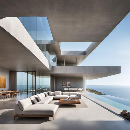 A cliffside vacation retreat made of pristine concrete, envisioned by Alexander Moore, visionary architect, breathtaking location perched on the edge of a cliff, overlooking the endless horizon of the ocean, rugged beauty of the cliffs below, minimalist design with clean lines and geometric shapes, floor-to-ceiling windows offering unobstructed views, a private infinity pool merging with the skyline, open concept living spaces with natural light pouring in, indoor-outdoor integration with expansive terraces, state-of-the-art amenities and advanced sustainability features, a harmonious blend of luxury, seclusion, and connection with the raw power of nature
award-winning, professional, highly detailed