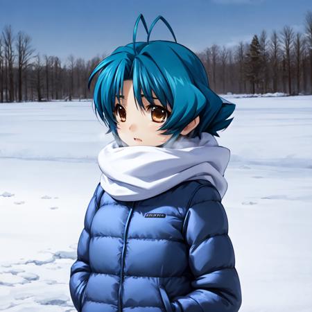 solo, Yoroi Mikoto, brown eyes, blue hair, antenna hair, winter, freezing to death, cold as fuck, literally siberia, like really cold, yes im really typing this here, problem?