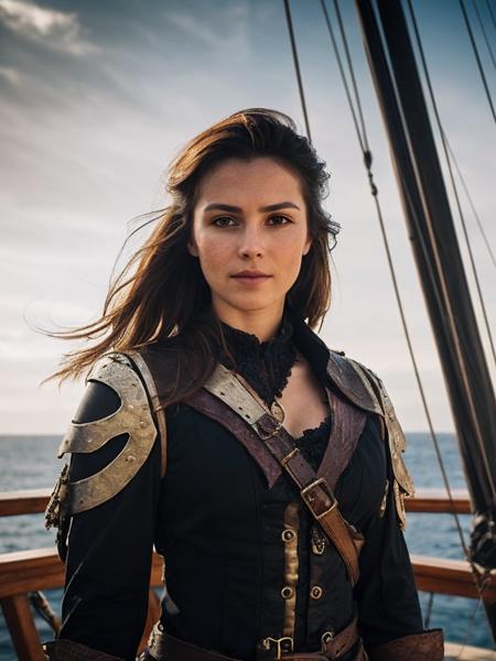 a photo of a woman wearing a (fantasy:1.2) pirate outfit on a (pirate:0.8) ship, (upper body and face:1.2), cinematic lighting, ultra quality, highly detailed, realistic skin texture,  photorealistic