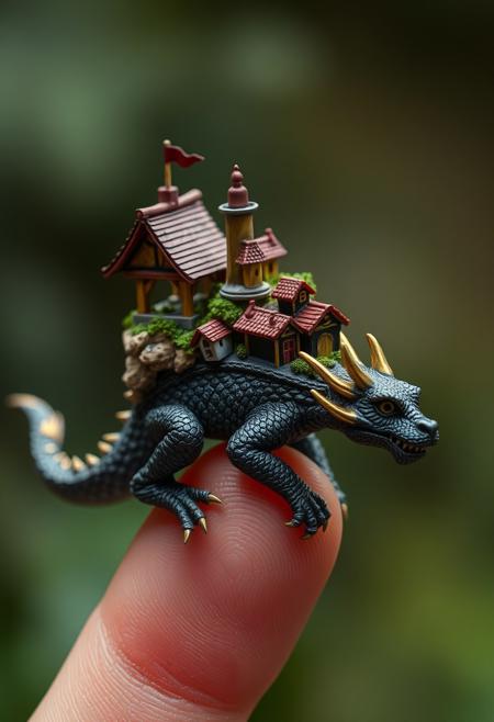 macro photography of a miniature little village on top of a baby dragon that's being balanced on the end of a finger. Highest-Quality, 4k, intricate details, visually stunning, Masterpiece
