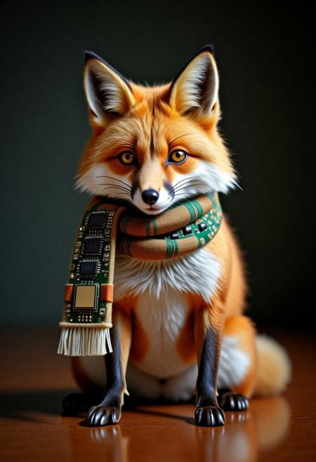a handsome fox wearing a TzigoCBS scarf thats way too long, photo realistic style, best quality, high quality, best lighting, masterpiece