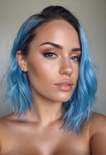 beautiful young woman portrait photo, blue hair, realistic very light freckles on face, light brown eyes, latina influencer, instagram model, very slightly rough skin, realistic portrait, realistic ambience light, light makeup, large breasts