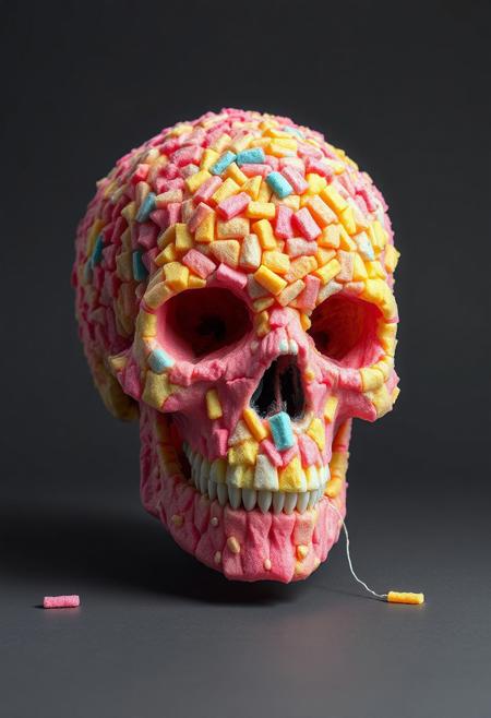 "Create a photorealistic image of a human skull constructed from hundreds of wads of chewing gum, each with a distinct flavor and color. The gum should be stuck together to form a cohesive, eerie skull shape, with pink 'fruit punch' gum forming the jawbone, blue'spearmint' gum creating a frosty, crystalline effect on the nasal cavity, and yellow 'lemon' gum used to create a bright, sunny cranium. The gum should be textured and irregular, with visible ridges and crevices where the wads have been pressed together. A few stray strands of gum should be stretched out from the skull, as if they're still sticky and fresh. The background should be a dark, gradient gray, with a few subtle, eerie highlights to accentuate the skull's macabre details. The overall effect should be one of unsettling realism and fascinating, sugary texture." highest-Quality, 8 k, intricate details, visually stunning, Masterpiece