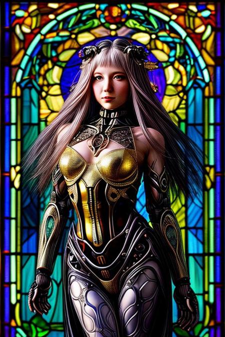A humanoid AI represented in Art Nouveau style, with intricate, flowing lines and decorative patterns. She has a serene expression, her hair a cascade of metallic threads intertwined with floral motifs. Her body is partly robotic, with gold and pearl accents, seamlessly blending with organic forms. The background is a stained-glass-style design, featuring celestial and floral imagery. Art style: detailed, ornamental, and vintage-inspired."