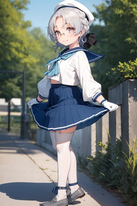 best quality, masterpiece, highly detailed, 1girl, solo, smile,
hirato, braid, glasses, hair ribbon,
school uniform, hat, blue ribbon, blue sailor collar, blue neckerchief, long sleeves, white gloves, blue skirt, pleated skirt, white thighhighs, garter straps, shoes, grey footwear,
outdoors,
<lora:HiratoKancolleV02-000018:1>