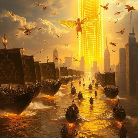Surreal fantasy scene where hundreds of Anubis's ancient Egyptian drakkars made of dark obsidian and shadow-wax sail across golden nectar seas and rise into the sky, launching an attack on a glowing, futuristic New York City. Each ship carries Anubis’s glowing army, radiant with ancient power, and decorated with mystical runes and amber crystal details. Above the fleet, Cleopatra floats in mid-air, glowing with golden magical energy, her honeycomb-shaped armor radiating power as she leads the charge from the skies. Massive beehive towers drip radiant honey in the background, glowing bees the size of birds swirl through golden pollen mist. New York shimmers like a hive of glass and gold, under siege. Cinematic lighting, surreal honey fantasy style, ultra-detailed, 4K, mystical textures, glowing particles, warm amber and obsidian palette.