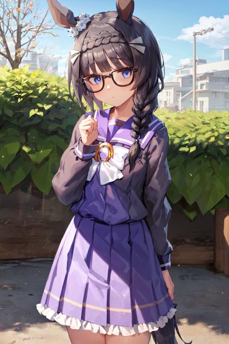 masterpiece, best quality,
zenno rob roy \(umamusume\),
tracen school uniform, glasses, black-framed eyewear,  ear ornament, hairclip, winter uniform, puffy long sleeves, sailor collar, purple shirt, white bowtie, horseshoe ornament, purple skirt, pleated skirt, 
<lora:zenno_rob_roy_loha:0.7>