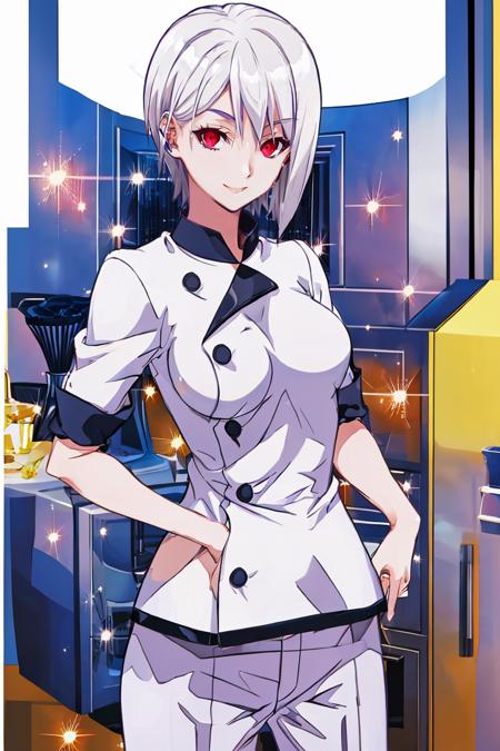 Nakiri_Alice_Shokugeki, white hair, short hair, red eyes, chef