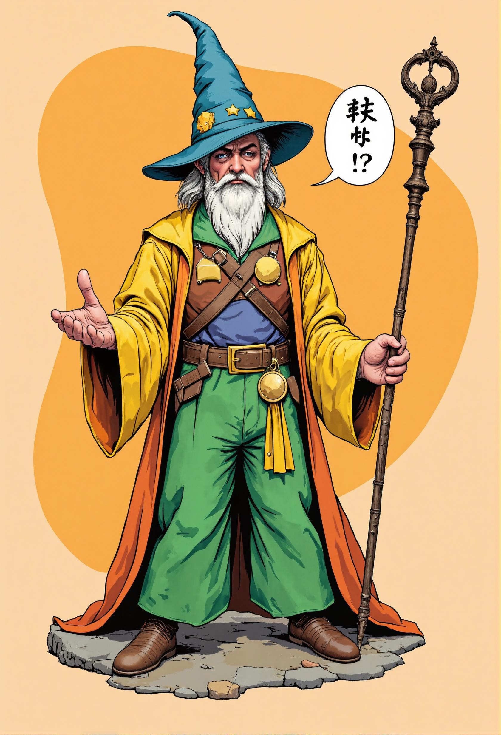 T-shirt design, character concept art in the style of Jean Giraud Moebius and Katsuhiro Otomo, a wizard with green pants and a pointy hat holding a magical staff, in the style of old-school anime, with flat colors, a simple vector style, an 80s cartoon aesthetic, simple details, and a flat color background with a simple form.




