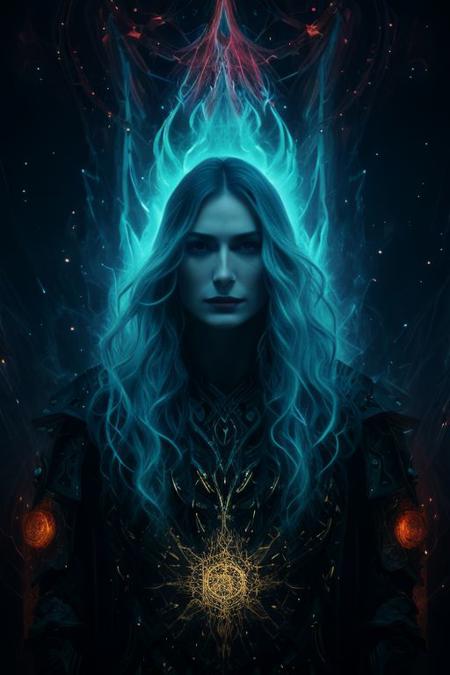 Masterpiece in 8K: An otherworldly, mystical sanctuary bathed in an arcane glow. Glowing glyphs dance across the walls, while swirling energy forms ethereal figures. The atmosphere is both awe-inspiring and slightly unsettling. (High-resolution image) Long-haired Figure: A hauntingly beautiful figure with hair like a cascading rainbow, one eye partially obscured by a flowing strand. Long, intricate eyelashes frame their gaze, and mystical jewelry adorns their form. The air crackles with an otherworldly aura. (Top quality image)