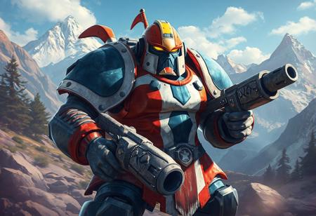 "Illustrate a Golem Sentry in a vibrant color scheme of red, white, and blue, equipped with stone guns, against a mountainous landscape backdrop. The image should emphasize exceptional quality, lifelike details, sharp lines, stunning colors, and impeccable composition. The Golem Sentry's head should have a yellow visor for contrast. Achieve a captivating and well-timed moment with octane render, unreal engine 5, and a dynamic action pose. Trend on ArtstationHQ with this 4K, highly detailed, cinematic lighting, volumetric, and hyperrealistic illustration."