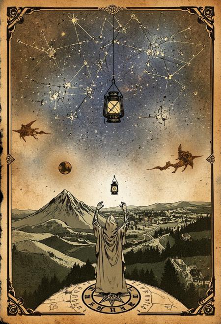 Necronomicon Sketch, constellations of stars fill the top third of the page with lines joining the prominent stars, among which floats the stylized image of a lantern in the shape of a woman, at the bottom of the page is a dreamlike landscape of hills, a mountain, a forest and a town, with roads connecting all of them, at the bottom of of the page is a figure in a robe surrounded by a magic circle. the cloaked figure has their back turned to the viewer and their arms raised towards the lantern <lora:Necronomicon-10:0.8>