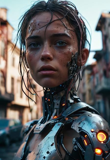 (hyperdetailed, cinematic, oscar-winning shot in camera canon eos r6 mark II, len ee 35mm, f2.6). Desolated city, ruin buildings, 22yo 1woman, cute face, cyborg body, thin and bold messy wires through her body, (human skin:1.2), (cyborg parts:1.5). desaturated colors, cold color shades, noise grain movie, cinematic lighting. Hyperdetailed, high-contrast, masterpiece, 8K, UHD, HDR. realisticvision-negative-embedding
