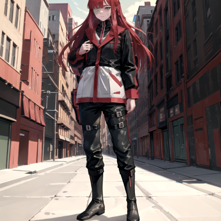 yur red haired person in black and white uniform standing, 1girl, solo, red hair, long hair, black footwear, boots, full body, black pants, eyepatch, outdoors, city background, day, day time,