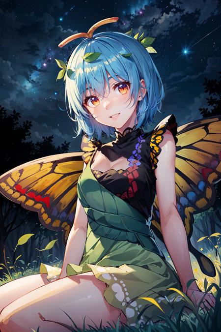 (masterpiece, best quality:1.4), looking at viewer, smile, cowboy shot, eternity larva, antennae, butterfly wings, short hair, leaf on head, multicolored dress, sitting, outdoors, night, forest, starry sky, <lora:eternity_larva_v1:0.9>