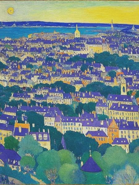 <lyco:MauricePrendergast:1.0> a city in blue green and purple by Maurice Prendergast