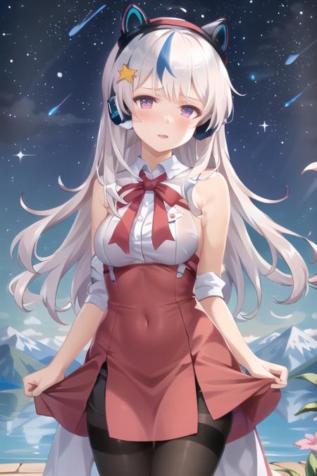 {{1girl}}, masterpiece, best quality, ultra-detailed, illustration, ((an extremely delicate and beautiful)), ((beautiful detailed sky)),beautiful detailed eyes, flying splashes, flying petals, (white_pink_hair), (cat_ear_headphones), (multicolored_hair), {{streaked_hair}}, star_hair_ornament, hair_ornament, pink eyes,<lora:xyv6a5000:0.8>, streaked hair, dress skirt, black pantyhose, beautiful lake in the mountains, realistic , (Mountain peak ), northern light ,( Northern lights coming out from the summit) , starfull sky , shooting stars, masterpiece, best quality, official art, extremely detailed CG unity 8k wallpaper, flower field, flower blossom, intense shadows, depth of field, shooting star, medium breasts,