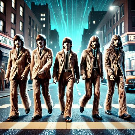 lazypos, 
A cinematic reimagining of The Beatles' iconic "Abbey Road" album cover, set at night in a neon-lit, space-punk metropolis. The four figures, recognizably modeled after the Beatles, are grotesque, lumbering zombies with decayed skin, exposed bones, and long, straggly hair made of w00kiee fur. They wear tattered, torn versions of their 1960s clothing, shambling in perfect unison across a futuristic reinterpretation of the Abbey Road crosswalk, illuminated by glowing LED strips and flickering neon panels embedded in the pavement. The warm, vintage glow of antique-style streetlamps contrasts with the cold neon colors, casting soft radiosity across the scene.
The environment features towering, tech-cluttered buildings with holographic signs, subtle mist, and scattered debris, emphasizing the space-punk dystopia. The camera is positioned at a low angle, capturing the full bodies of the subjects as they move from left to right in classic Abbey Road formation, preserving their iconic poses and spacing. Volumetric lighting and ambient occlusion enhance depth, while the use of Octane Render and vanishing point perspective adds a rich, photorealistic feel reminiscent of a vintage film camera. The color palette merges Beatles-era nostalgia, sepia tones, muted blues, with vivid, high-contrast futuristic accents. entire body in frame. Ambient occlusion, Octane Render, vanishing point, volumetric light, nighttime