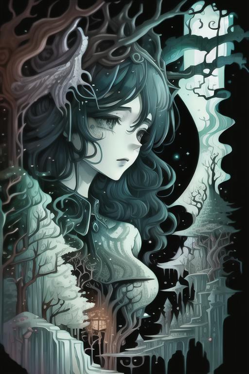 A black and white illustration of a girl with flowing hair and a moon in the background.