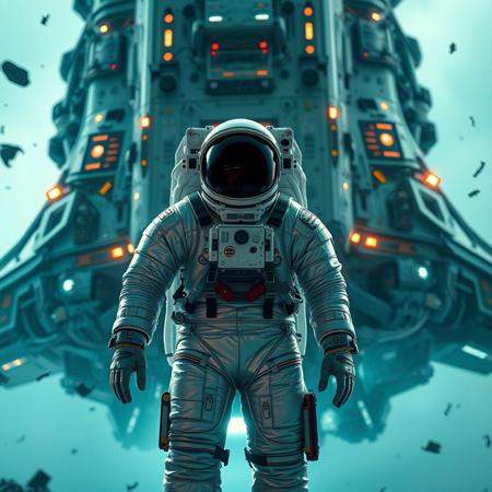 A cinematic shot of an astronaut in a vibrant silver spacesuit standing in the foreground, with a massive, spacecraft as the backdrop. The spacecraft is adorned with numerous lights, windows, and technical details. The astronaut's suit is equipped with various gadgets and patches. The atmosphere is filled with floating debris and a hazy teal glow
