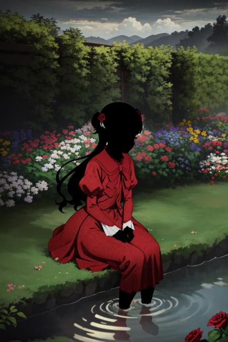 1girl, (masterpiece:1.3), high quality, high detailed, (solo), frilled dress, hair ribbon, (black skin:1.3), hair flower, black hair, long hair, red dress, kate, red sleeves, <lora:kate-08:0.9>, garden, roses, sitting, crossed arms, water source, (black face:1.2), (cloudy sky:1.3) <lora:23-3-14-jianying1.1:0.5>