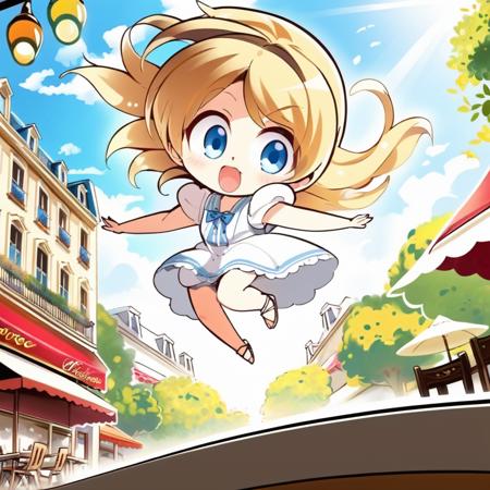 (masterpieces, best quality, illustration, extremely detailed CG wallpaper, ultra-detailed) , (beautiful detailed eyes), 1girl with blonde hair and blue eyes jumping midair, large ahoge,long hair, solo focus , white sundress, white sandals, detached sleeves, Parisian caf, daytime, sunlight, chibi <lora:komowata_haruka_counterfeitxlb_1-05:0.8>