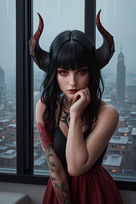 TKNEliza, 1girl, black hair, demon horns, tattoo, red eyes