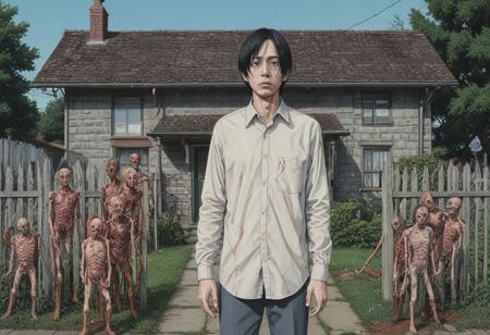 neighbor, murder blood everywhere, casual clothes, entrails, haunted, daytime, horror theme, in the style of junji ito