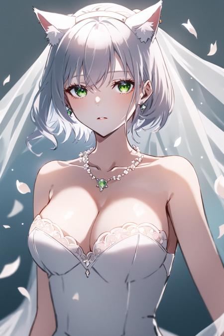 1girl, white_hair, green_eyes, animal_ear_fluff, animal_ears, bangs, bare_shoulders, bouquet, breasts, bridal_veil, cat_ears, cleavage, closed_mouth, collarbone, dress, earrings, falling_petals, flower, grey_background, jewelry, long_hair, medium_breasts, necklace, pearl_necklace, pendant, petals, rose, rose_petals, short_hair, sleeveless, sleeveless_dress, solo, strapless, strapless_dress, tiara, upper_body, veil, wedding_dress, white_dress <lora:style_YoneyamaMaiSTDX0:1>