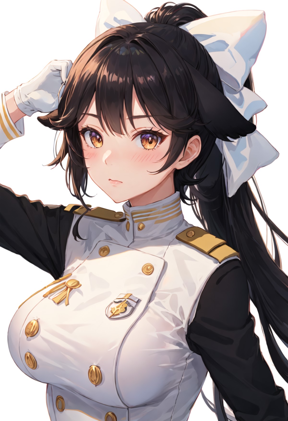 best quality, masterpiece, highres, solo, {takao_azurlane:0.90}, 1girl, military_uniform, looking_at_viewer, upper_body, s...