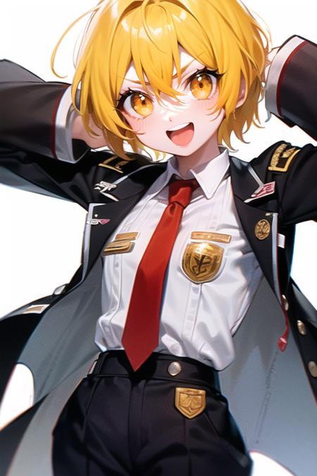 (highres:1.2), (ultra-detailed:1.2), traditional media, texture, flat shading, 8k, don quixote \(limbus company\), 1girl, solo, upper body, blonde hair, short hair, hair between eyes, orange eyes, collared shirt, white shirt, (red necktie), black pants, badge, button badge, looking at viewer, :d, happy, v-shaped eyebrows, simple background, white background, <lora:don-08:1>