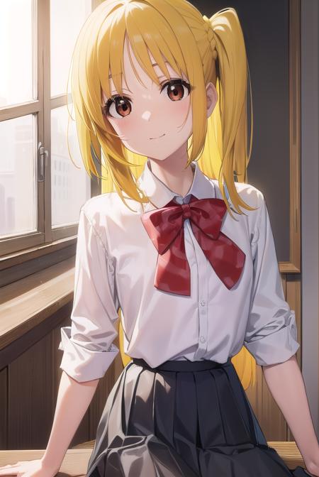 nijikaijichi, <lora:nijikaijichi-lora-nochekaiser:1>, 
nijika ijichi, ahoge, (yellow hair:1.5), (brown eyes:1.5), long hair, one side up, (flat chest:1.2), smile,
BREAK (black skirt:1.5), bow, bowtie, collared shirt, pleated skirt, polka dot, polka dot bow, red bow, (red bowtie:1.5), red footwear, shirt, shoes, short sleeves, skirt, socks, (white shirt:1.5), white socks,
BREAK indoors, classroom,
BREAK looking at viewer, (cowboy shot:1.5), 
BREAK <lyco:GoodHands-beta2:1>, (masterpiece:1.2), best quality, high resolution, unity 8k wallpaper, (illustration:0.8), (beautiful detailed eyes:1.6), extremely detailed face, perfect lighting, extremely detailed CG, (perfect hands, perfect anatomy),