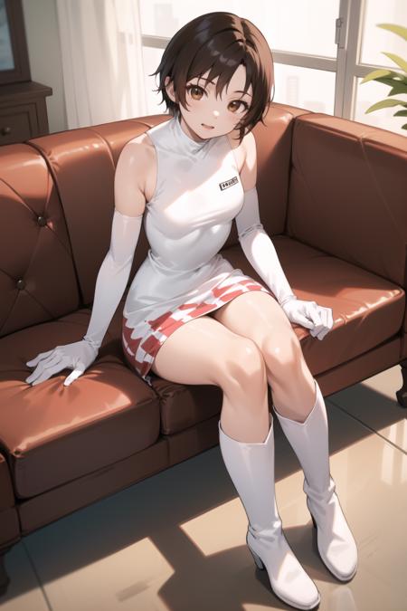 <lora:reiko-000030:1> reiko, brown eyes, white dress, short dress, race queen, elbow gloves, white footwear, knee boots,
small breasts,
1girl, sitting, couch, living room, playing game