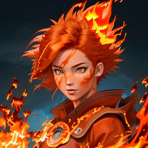 (best quality: 1.2), (masterpiece: 1.2), (realistic: 1.2), 1girl, ((fiery red and orange elemental hair made of liquid fir...