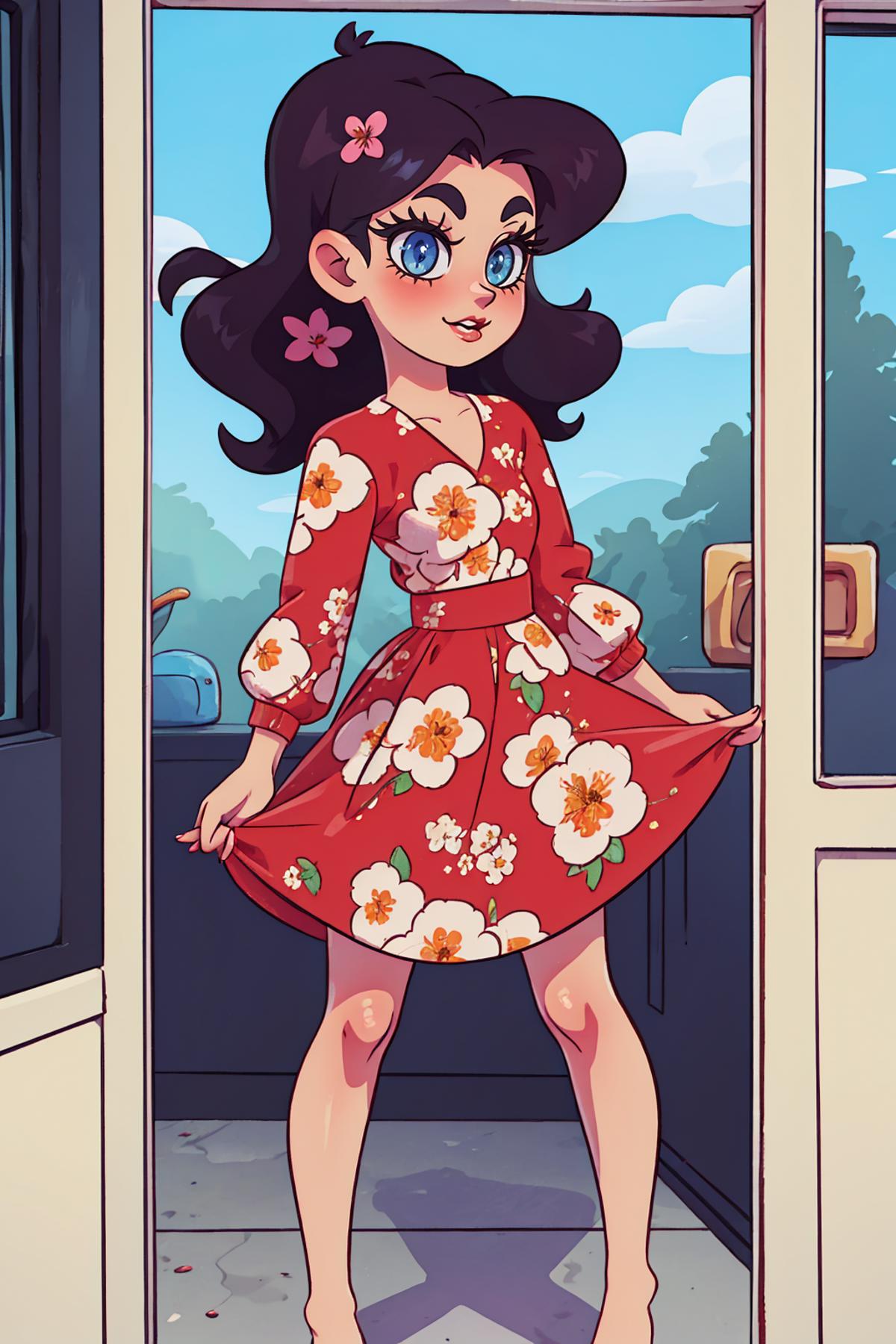 A cartoon girl in a red dress with white flowers on it is shown standing in a doorway.