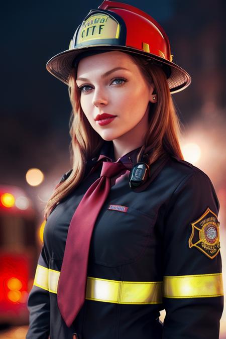 photo of a woman, laurap, ((necktie, shirt, firefighter helmet, firefighter jacket):1.2), ((closeup, portrait)),((outdoors, city, at night):1.2),smiling, ((red lipstick, eyeliner, eye shadow, blush)), ((best quality, masterpiece, extreme details, high resolution):1.2),((detailed eyes, beautiful eyes, detailed face, beautiful face):1.2)