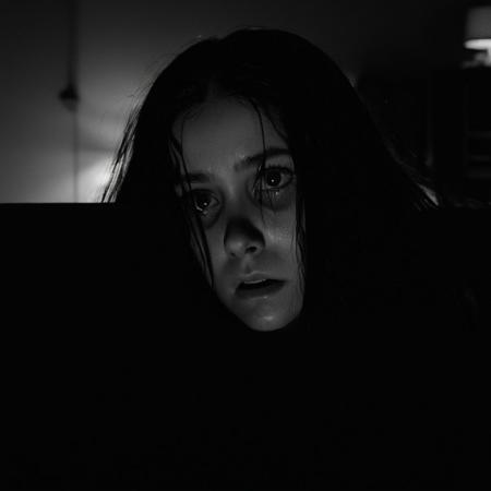 cinematic, ((black and white, monochrome, greyscale)), portrait, of a ghastly girl, long flowing black hair that obscures her face, sad, pale, crawling, out of a television, in a dark, dimly lit, living room, at night, noise, detailed, high quality, cinematic lighting, contrast, heavy dynamic shadows, atmospheric,