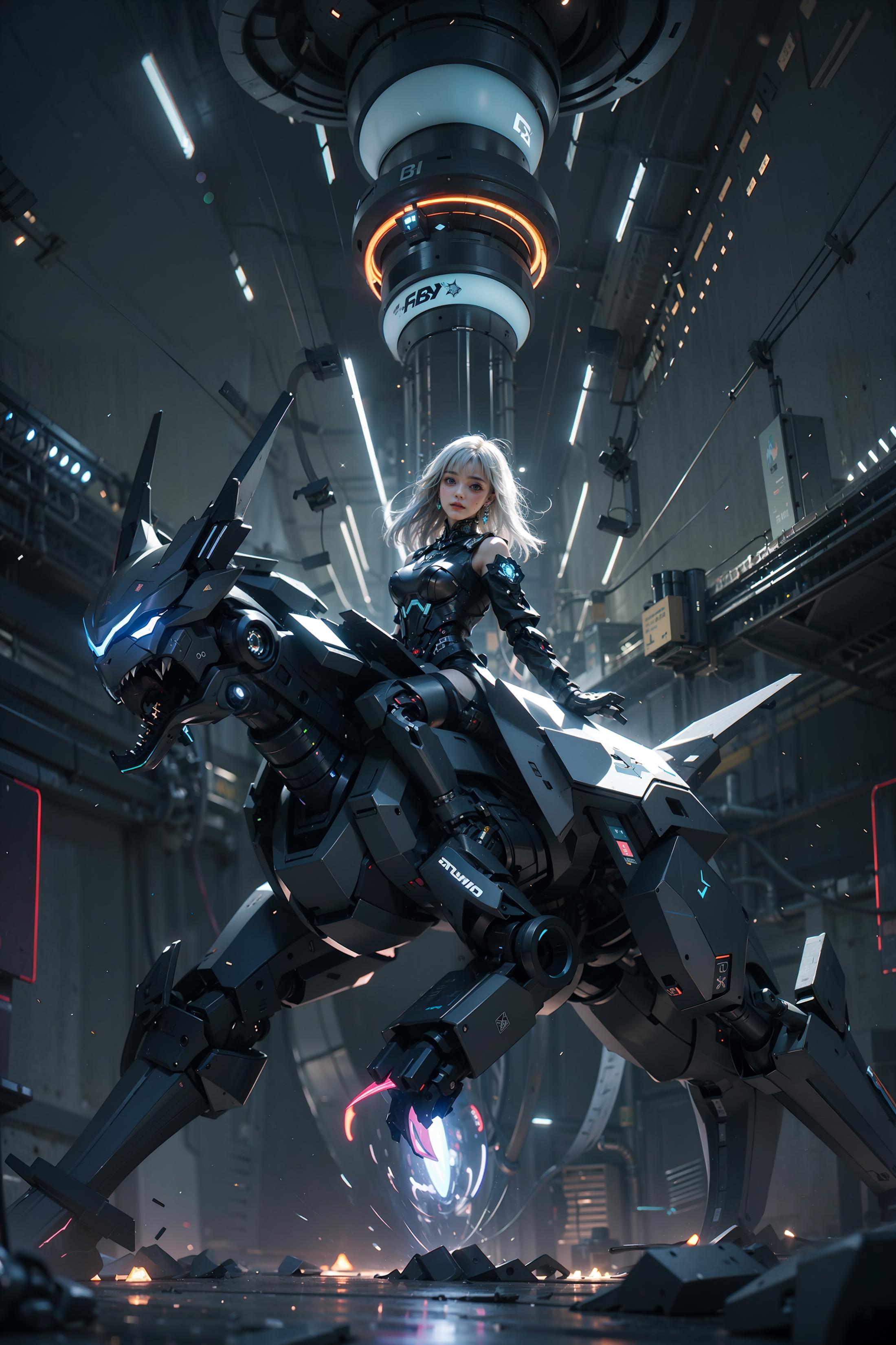A woman riding a futuristic robotic horse in a futuristic city.
