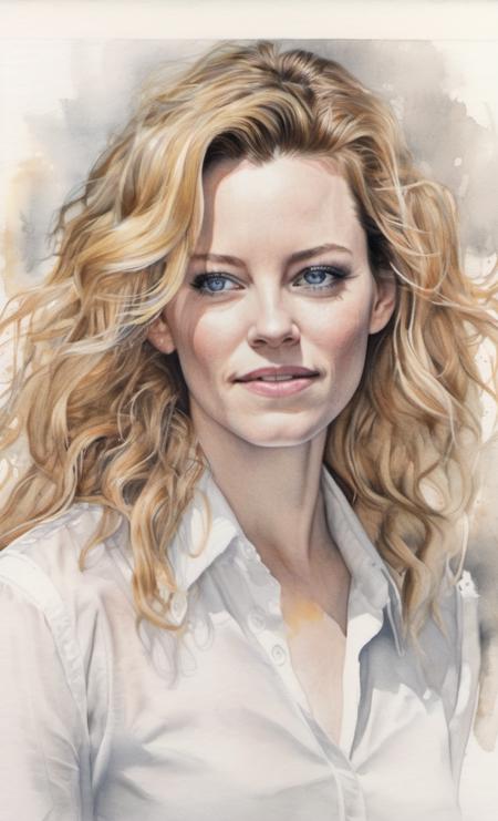 <lora:elizabeth_banks :1> elizabeth banks light natural tones , pencil drawing , watercolor drawing, portrait of a woman with long curly hair and white shirt, detailed eyes, beautiful , highly detailed, soft color tones, soft lighting, detailed lines, sharp, realistic, brush strokes, light hints of paint drips