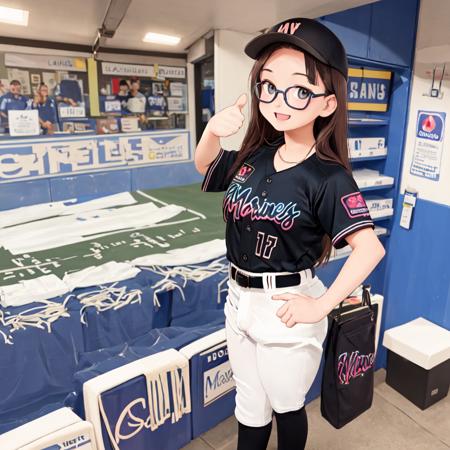 best quality, ultra-detailed, illustration,
1girl, solo, glasses, black hair, long hair, looking at viewer, happy, laughing, standing, thumbs up, 
BSW2023, baseball uniform, black shirt, baseball cap, white pants, belt, baseball stadium, 
 <lora:Chiba_Lotte_Marines_BSW2023_Uniform_SD15_V1:1>