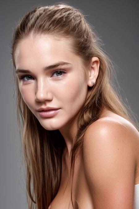 (CR-MaryR0ck-Supremo:0.9), face closeup portrait of young woman wearing thin torn t-shirt, oiled shiny skin, grey background, tilted pose shot, pokies,