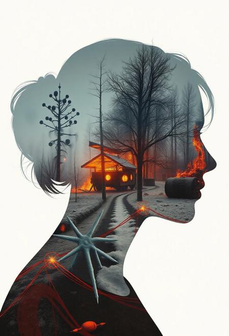 Abstract style dystopian future with elements of an apocalyptic winter inside the silhouette of a womans head and shoulders, that is a double exposure photograph . Non-representational, colours and shapes, expression of feelings, imaginative, highly detailed