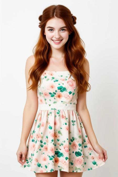 HD, perfect quality, 16k, very detailed,  a beautiful 21yo college girl with ginger hair in an updo, pale skin, wearing a calico floral dress, pink fleckes, green eyes, slim, detailed skin, hair behind ear, eyeshadow, smiling proudly, standing in front of white background