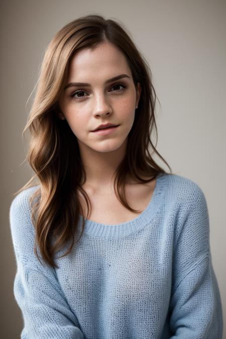 portrait photo of emmawats0n in a oversized light blue sweater, (long hair), posing for a picture, epicRealism, for cosmopolitan,  realistic skin texture, softcore, warm lighting, simple background, magazine cover style