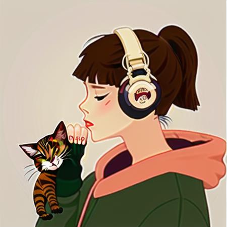 <lora:lofi-girl:1> lofi-girl, 1girl, solo, bangs, brown_hair, long_sleeves, holding, closed_eyes, upper_body, ponytail, indoors, hood, blunt_bangs, blurry, from_side, hoodie, profile, blurry_background, headphones, animal, cat, hood_down, short_ponytail, holding_animal, puckered_lips, holding_cat