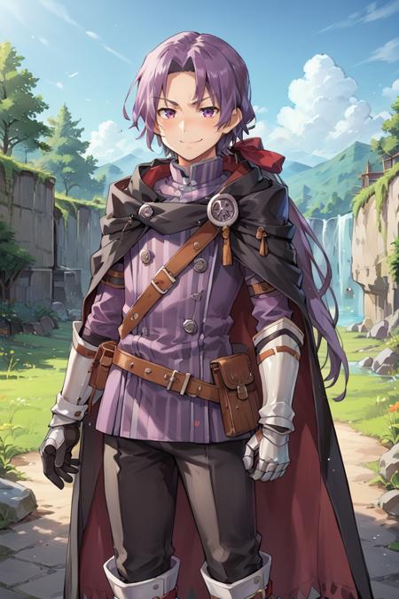 rusdef, 1boy, red eyes, purple hair, long hair, ponytail, low ponytail, hair ribbon, black cloak, cape, tunic, belt, black pants, gloves, gauntlets, white boots,