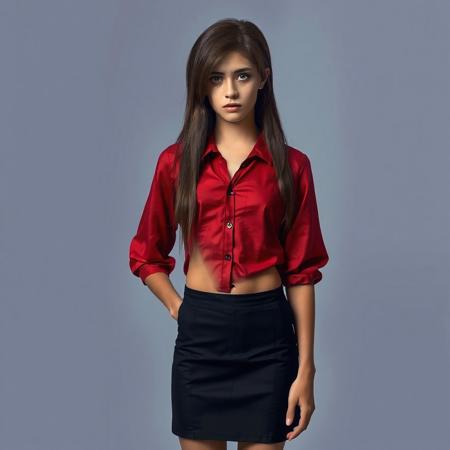 Create a realistic image of a young thin Caucasian man with a femenine face that is dressed as a woman. He's wearing a short black skirt, a red blouse, heels and a brown long wig. He looks ashamed and shy.